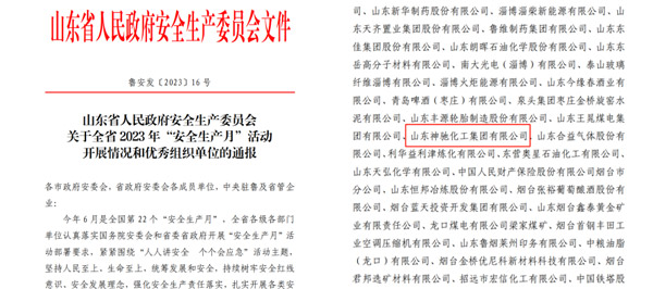 喜报！山东神驰化工集团有限公司入选2023年度全省“安全生产月”活动优秀组织单位